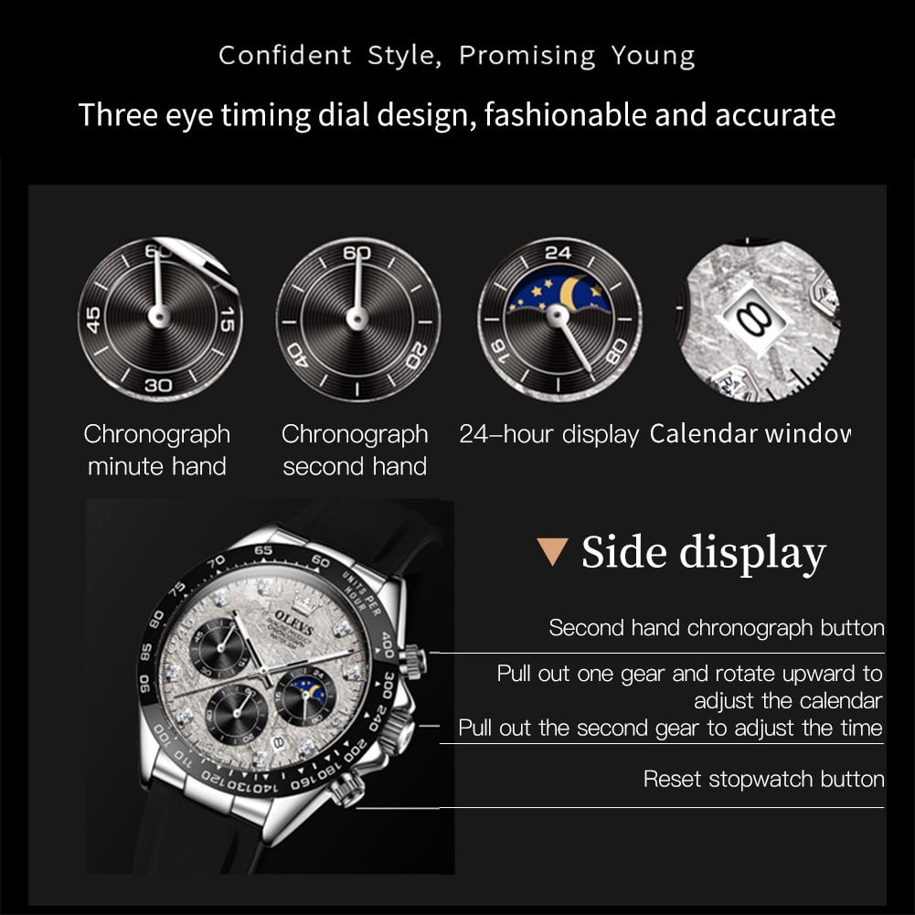OLEVS Watches for Men Chronograph Multifunction Sport Silicone Luxury Dress Diamond Moon Phase Quartz Male Watch Waterproof Mens Wrist Watches Reloj para Hombre,Gold/Black/White/Blue/Grey Dial