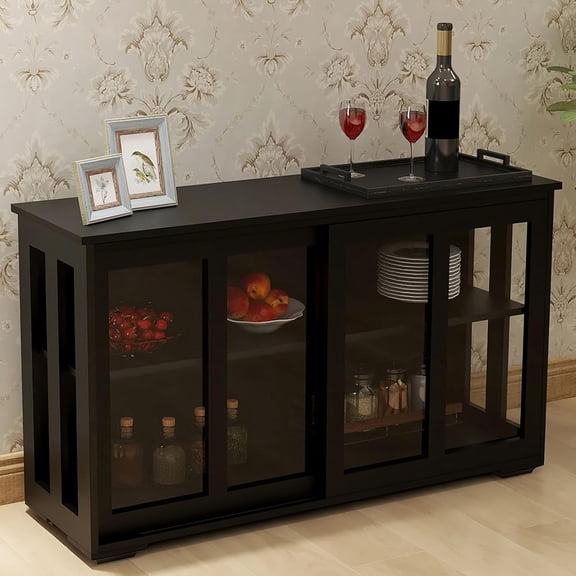 LQLI Sideboard Cabinet with Glass Doors - Buffet Storage Cabinet with Drawer, 2 Doors Floor Cabinet, Wooden Modern Credenza for Living Room, Bathroom, Bedroom, Dining Room, Kitchen (Black)