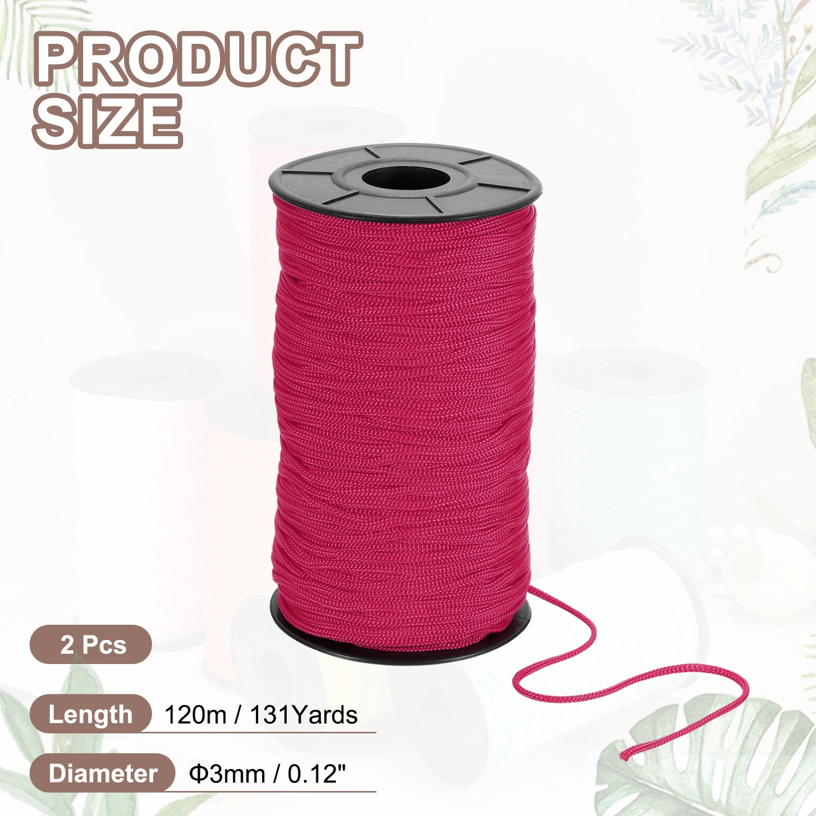Uxcell 2 Pcs Polyester Macrame Cord, 3mm x 131 Yards Polypropylene Crochet Braided Rope Macrame Yarn for Wall Hangings Bag Craft Knitting, Rose Red