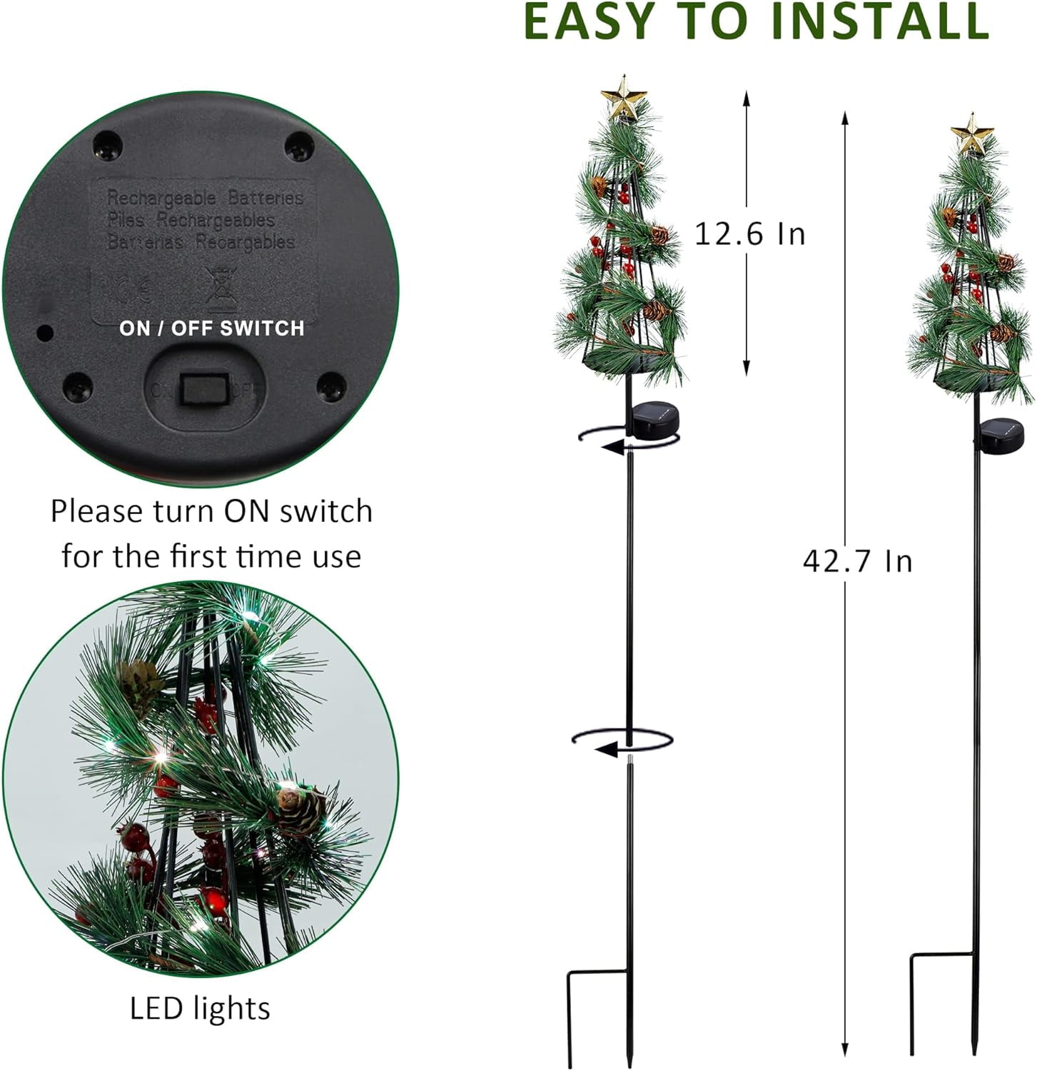 MAGGIFT Christmas Lighted Solar Stake Lights, Outdoor Solar Powered LED Xmas Tree Yard Signs with Star, Light Up Pathway Lights with Multicolor LED, Metal Tree Garden Stakes Lawn Ornament, Set of 2