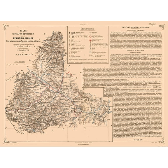 Historic Map - Zaragoza Province Spain - Valverde 1880 - Vintage Wall Art