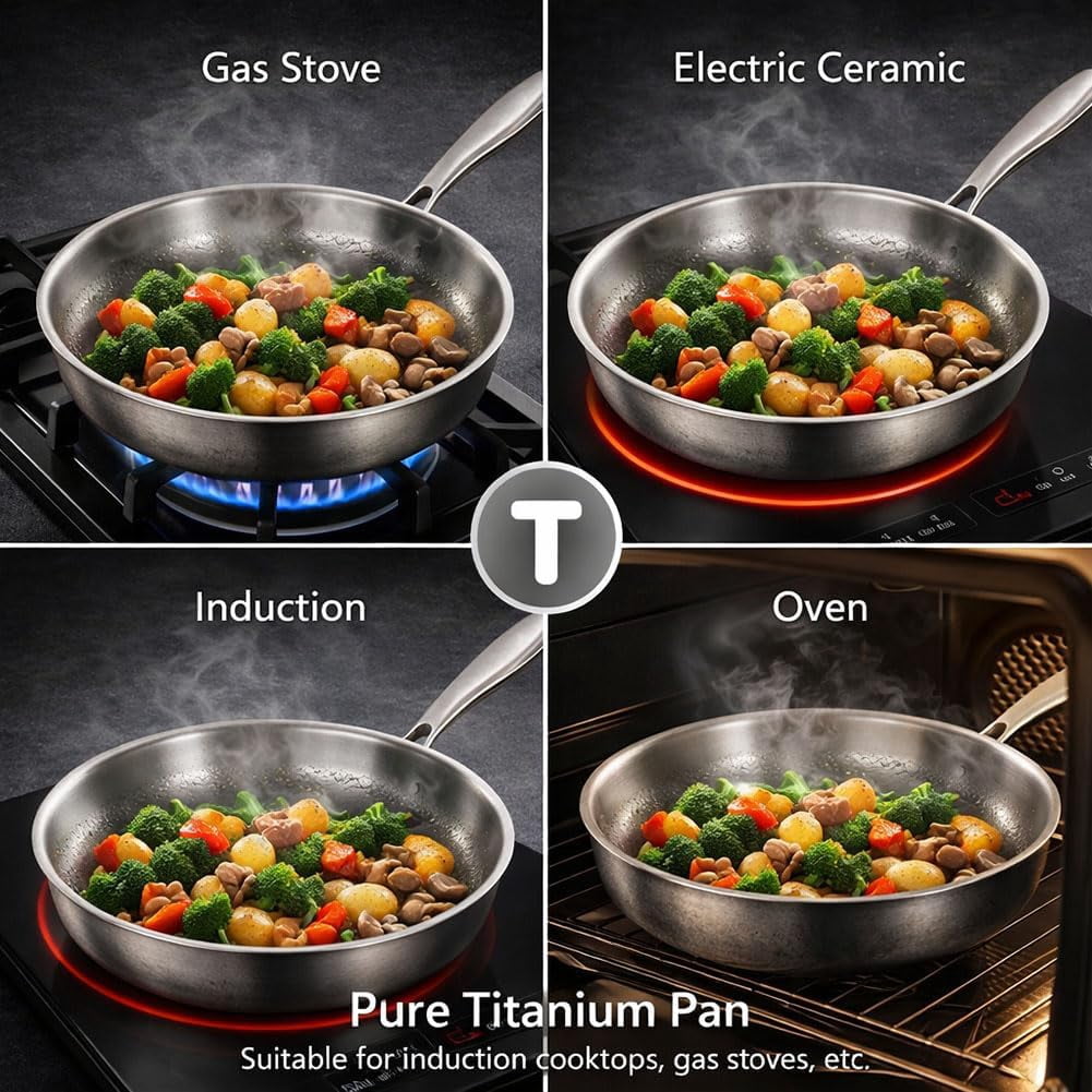 Titanium Pan - 2026 Upgraded Pure Titanium Frying Pan with Lid 12" Non Stick, Hammered Chef-Grade Design, Dishwasher-Safe, Healthy Cookware (32cm/12.59in, Lidless)