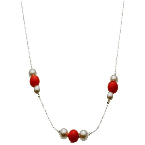 Sterling Silver Simulated Pearl Beads Red Bamboo Coral Station Italian Chain Necklace 16" 2" Ext