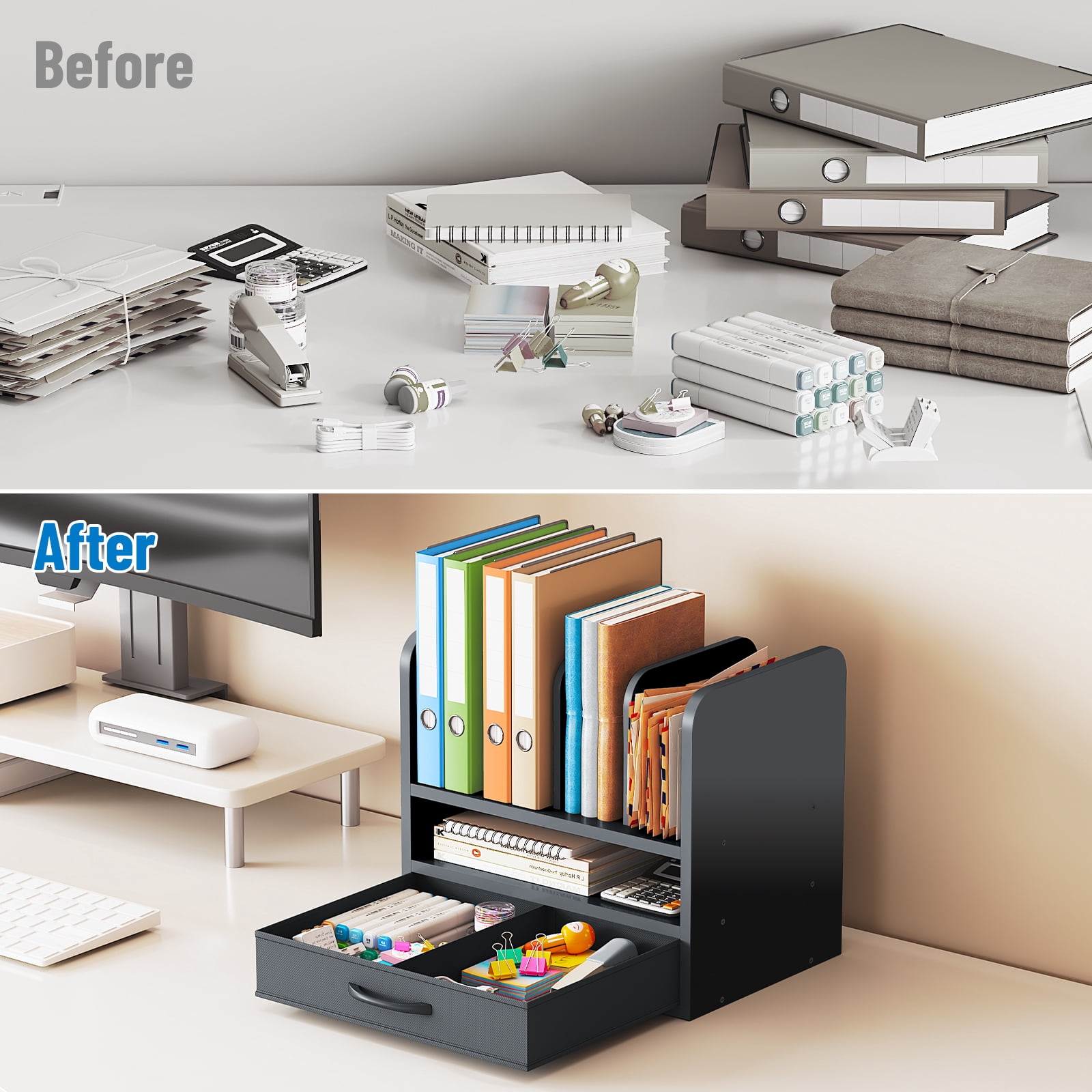 Desk File Organizer for Home, Office, School, Wooden Frame Desktop Storage Solution for Office Supplies, Documents, Papers, Folders and Stationery, Space-Saving and Stylish Document Sorter