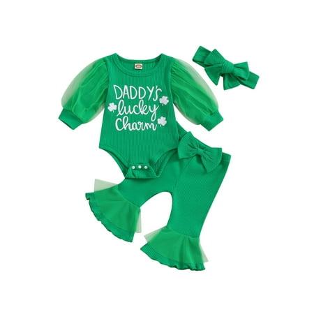 

Arvbitana Infant Girls Ireland Festivals Clothes Baby Girl Long Lantern Sleeve Letter Clover Print Romper + Flare Pants + Headband 3M 6M 9M 12M Newborn Cute 3Pcs Outfits