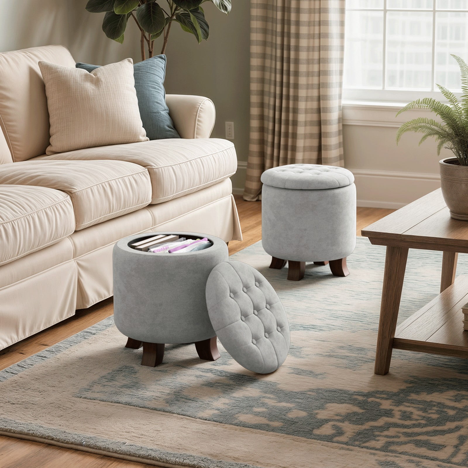 Magshion Storage Ottoman with Padded Seat, Modern Cotton-linen Footrest, Round Seat stool for Living Room Bedroom , Light Gray