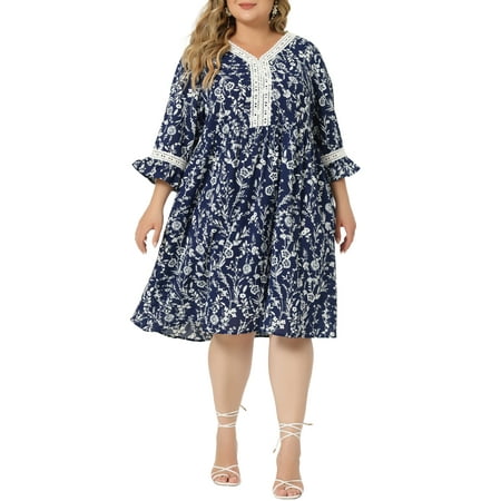 Agnes Orinda Women s Plus Size V Neck 3/4 Sleeves Lace Floral Loose Fit Babydoll Dresses