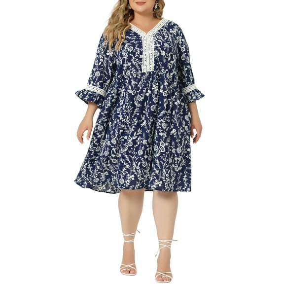 Agnes Orinda Women's Plus Size V Neck 3/4 Sleeves Lace Floral Babydoll Dress