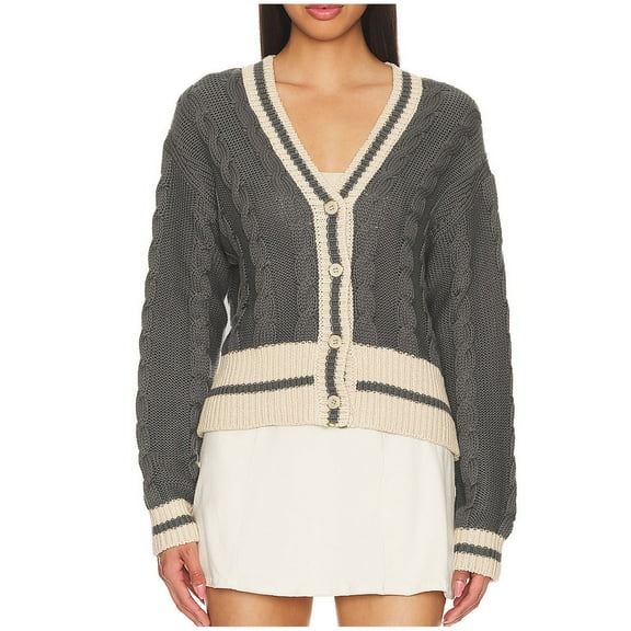 UTSJKR Women's Cable Knit Cardigan Sweaters Fall Long Sleeve Sweaters 2024 Fashion Clothing Color Block Bown Down V Neck Pullover Tops Casual Loose Fit Cozy Knitwear Gray S