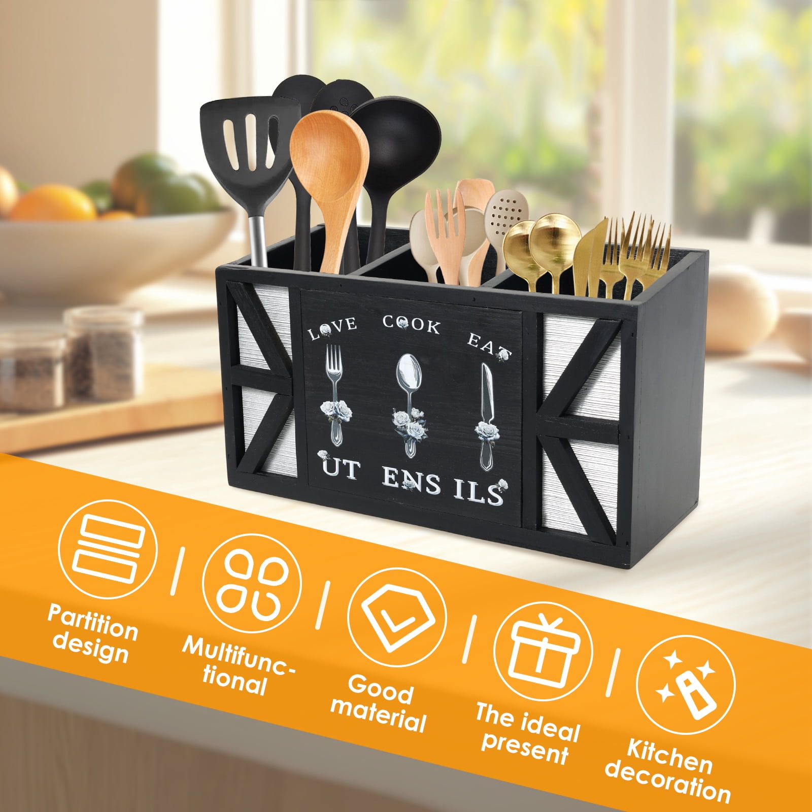Tzdxfgl Wood Kitchen Utensil Holder, Silverware Organizer with 3 Compartments for Countertop, Black Wood Utensil Caddy for Farmhouse Kitchen Decor