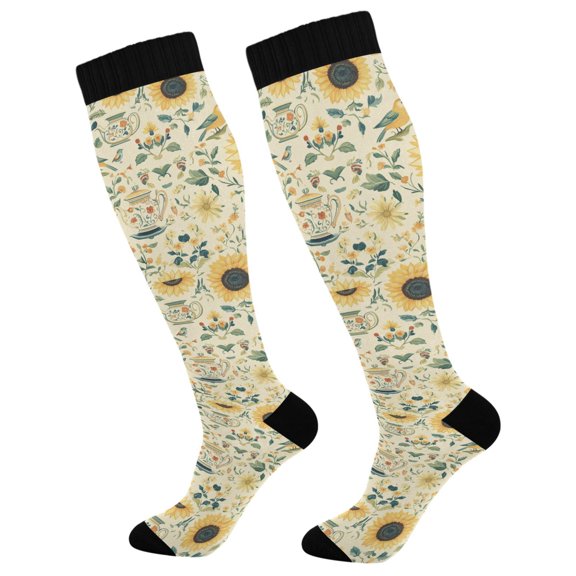 FORMRS Womens Knee High Socks Casual Long Thick Travel Daily Wear, 1 Pair, Floral Birds Pattern