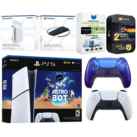 Sony PlayStation 5 Astro Bot Slim Digital Bundle with Disc Drive, Extra Controller, Vertical Stand, MightySkins Game Collection Services and 2 Year Extended Warranty - Chroma Indigo