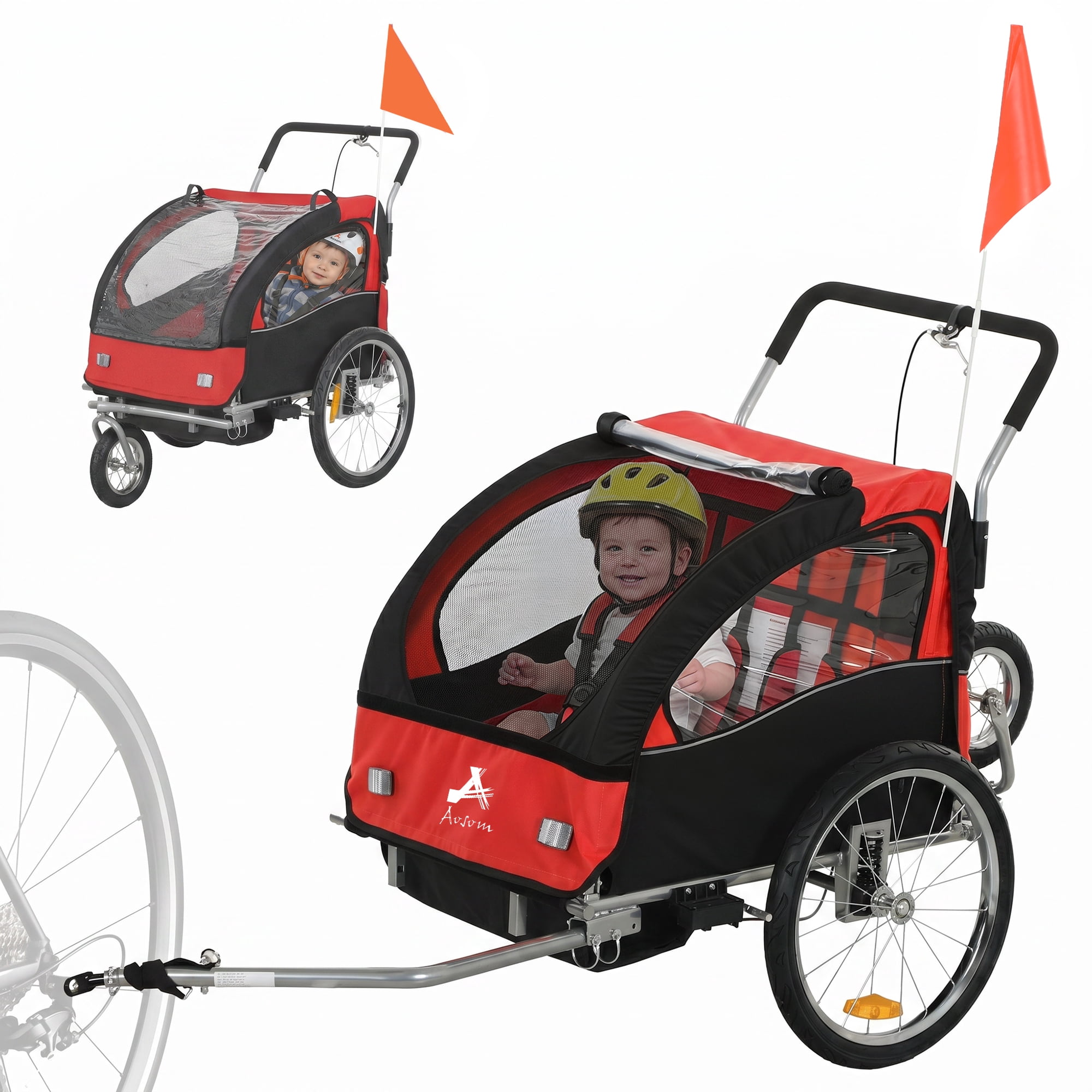 Bike Trailer for 2 Kids, Red Oxford Fabric Stroller - 5-Point Harness, Steel Frame, Safety Flag, 18+ Months, Quick Release Wheels - 24 x 13 x 17 in