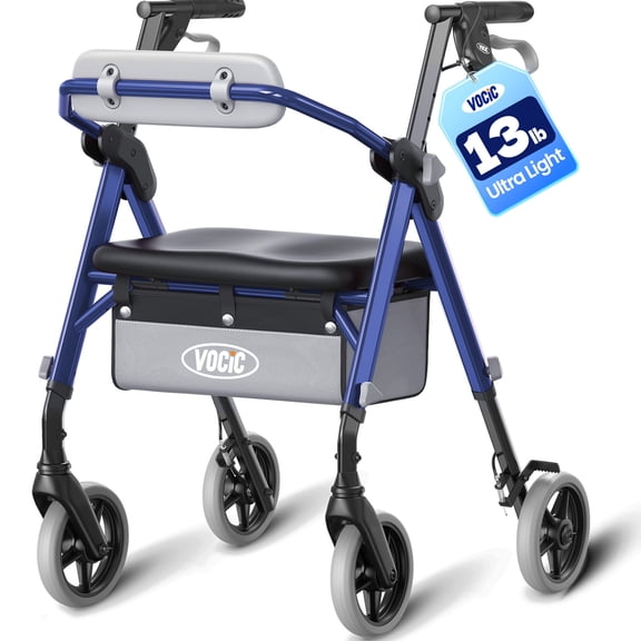 VOCIC Z12 Foldable Rollator Walker for Seniors & Adults - Ultra Light, Adjustable Height with Ergo Seat & Backrest-Blue