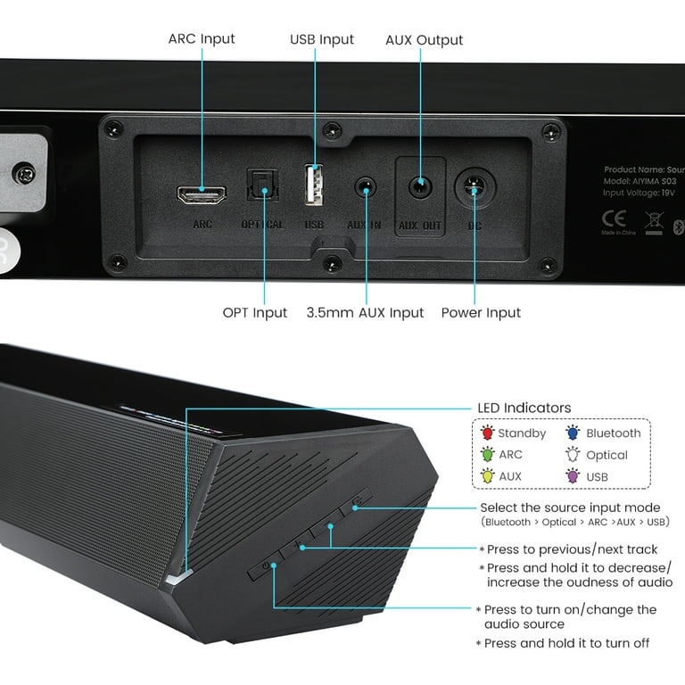 AIYIMA S03 Sound Bars for TV 16 50W Small Soundbar with Depths Sound Enhanced DSP Bass 3EQ Surround Sound Wireless Bluetooth 5.0 Speakers Works with