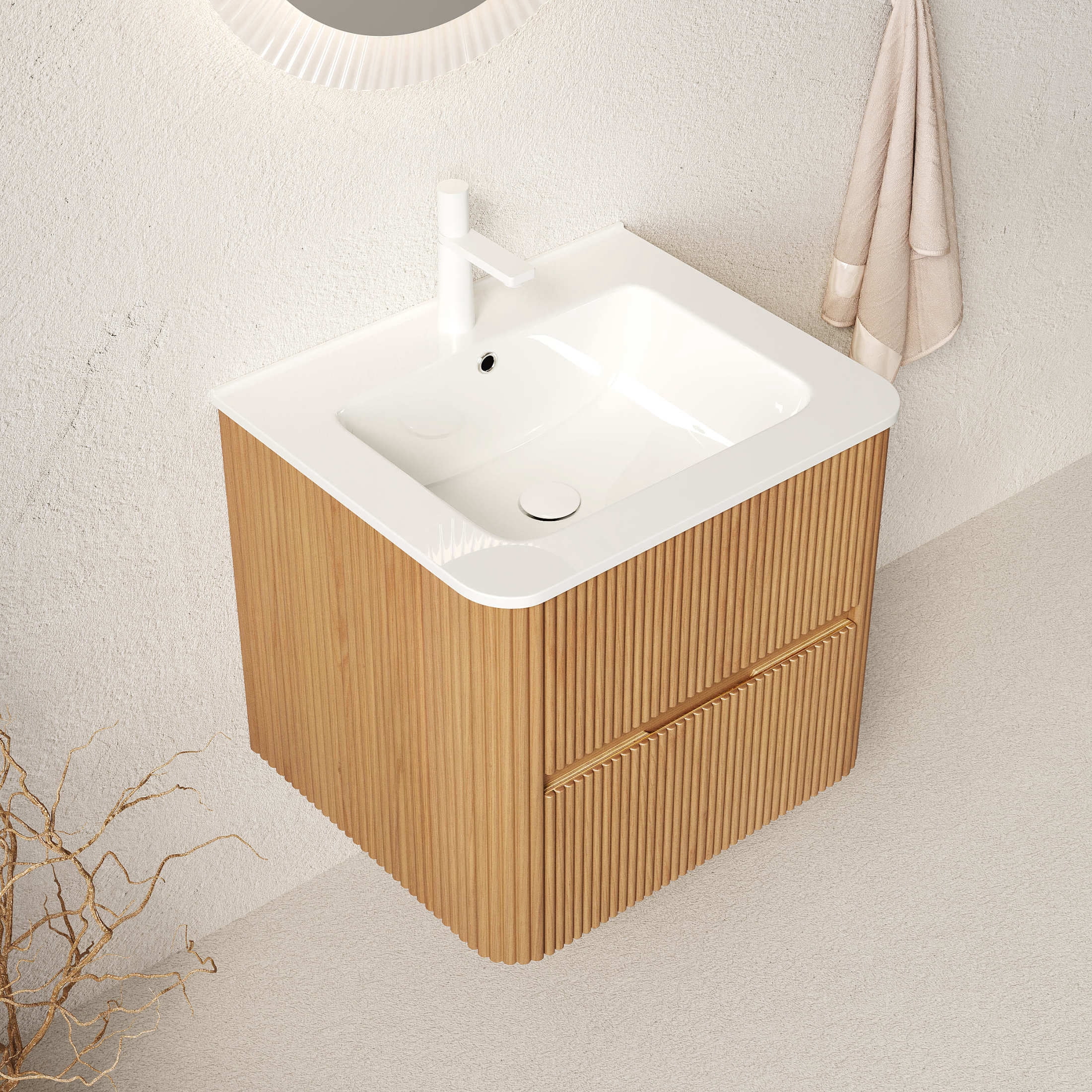 Noble House Noor 24" Floating Bathroom Vanity with Seamless Ceramic Basin, Retro Soft-Close Drawers, Oak