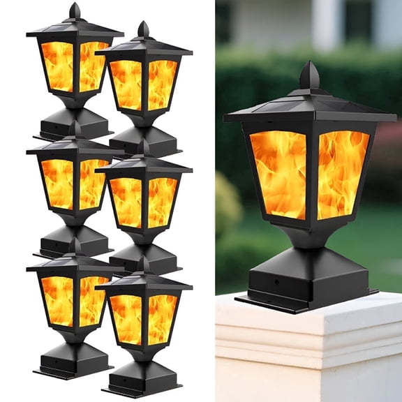 Solar Post Cap Lights for 4x4 Wood Fence, Flickering Flame LED, Waterproof Outdoor Deck & Garden Lighting, 6 Pack, Auto On/Off, Black