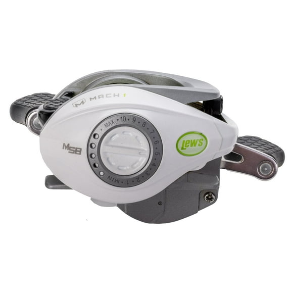 Lew’s MACH 1 SS Baitcast Fishing Reel, 7 1 Bearings, 7.5:1 Gear Ratio, Graphite Frame and Sideplate, Shallow Spool, Multi-Setting Brake, Combat Grips, Left-Hand Retrieve, White/Gray/Green