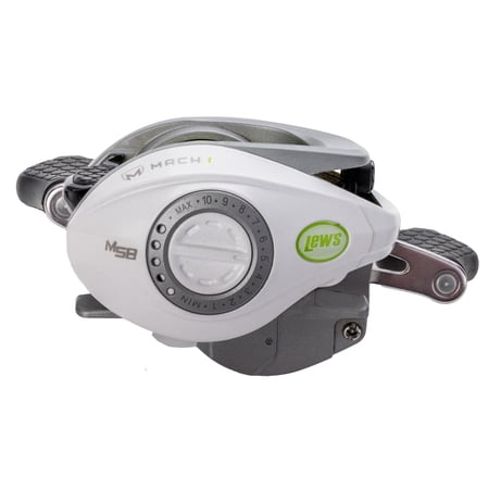 Lew’s MACH 1 SS Baitcast Fishing Reel, 7+1 Bearings, 7.5:1 Gear Ratio, Graphite Frame and Sideplate, Shallow Spool, Multi-Setting Brake, Combat Grips, Left-Hand Retrieve, White/Gray/Green
