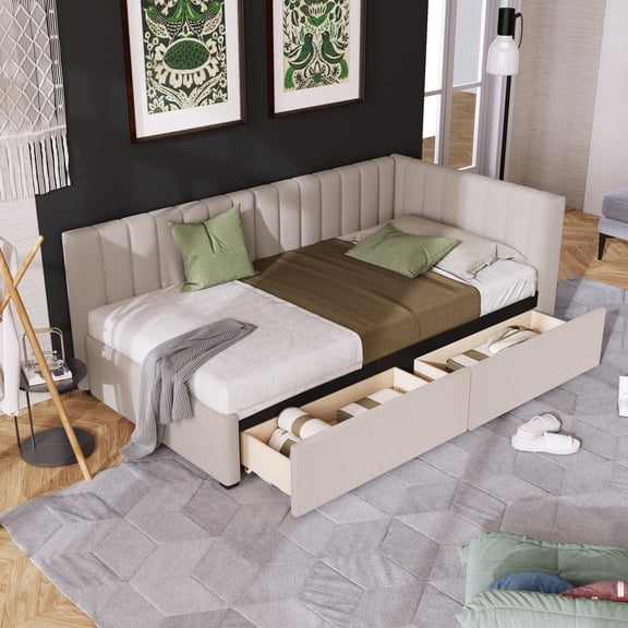 Harper & Bright Designs Twin Size Upholstered Daybed with Storage Drawers, Linen L-Shaped Sofa Bed with Headboard and Armrest for Bedroom, Beige