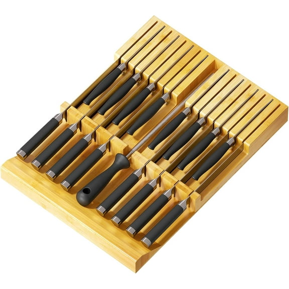 SpaceAid Bamboo Knife Drawer Organizer Insert, Kitchen Steak Knives Holder Organizers (16 Knife Slots and 1 Sharpener Slot)