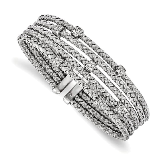 925 Sterling Silver Polished Rhodium Plated Cubic Zirconia Woven Flexible Cuff Stackable Bangle Cuff Bracelet for Women