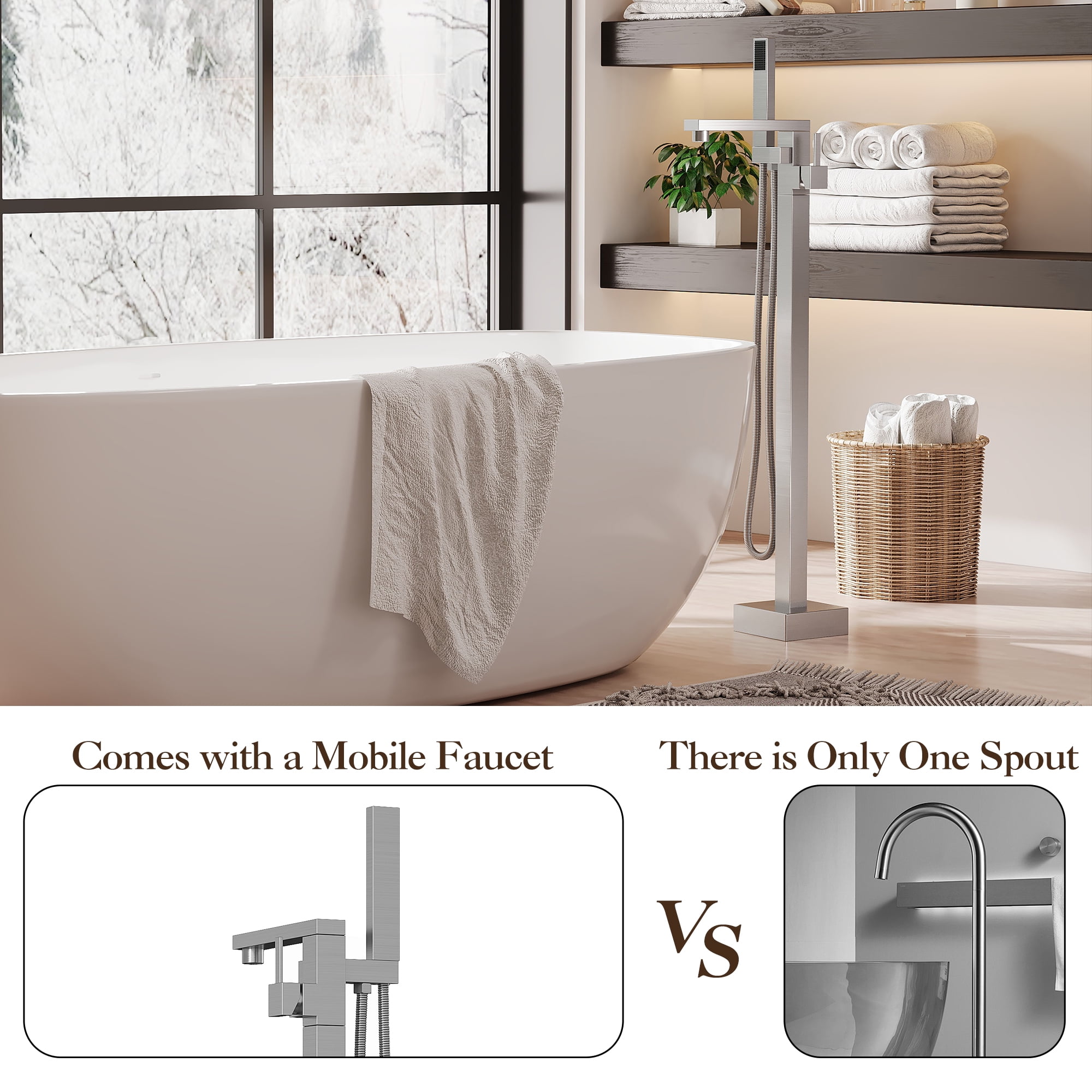 Bathtub Faucet, Floor Mount Bathtub Faucet Freestanding Tub Faucet Standing Bathtub Filler, High-Flow Bath Shower Faucet with Handheld Sprinkler