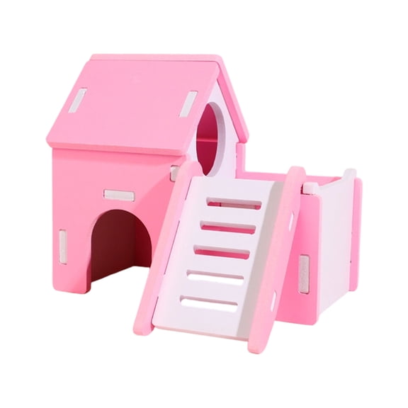 Pink Wooden Hamster Sleeping Villa House, Small Building Large Room Design Chewable Hideout for Dwarf & Syrian Hamsters, Cage Landscaping Accessory