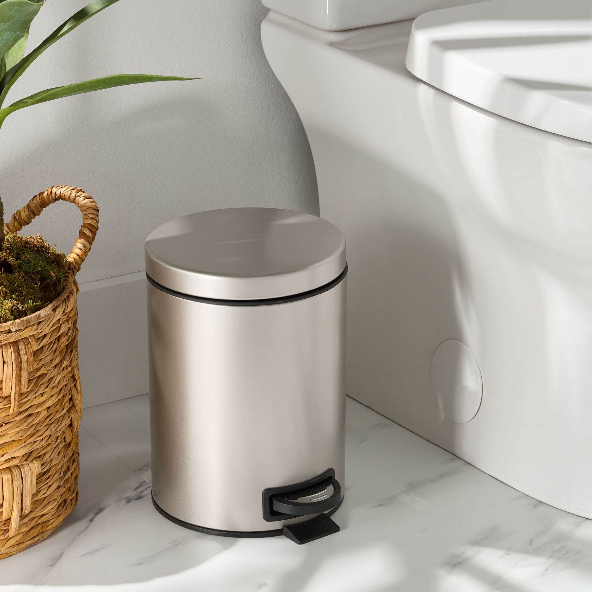 (2 pack) Better Homes & Gardens Satin Nickel SS 1.3 Gallon Metal Bathroom Waste Basket