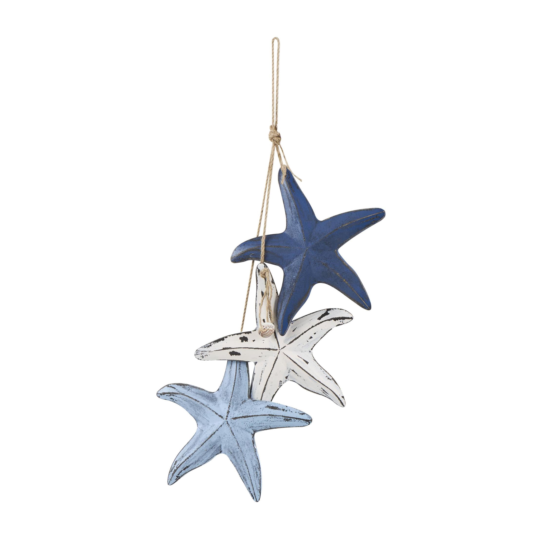 DecMode Blue Wooden Distressed Layered Starfish Wall Decor with Hanging Rope and Decorative Shell Accents
