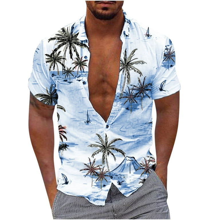 ZCFZJW Tropical Beach Shirts for Men Casual Summer Short Sleeve Button Down  Palm Tree Graphic Hawaiian Style Shirts Loose Regular Fit Comfy Tops Blue  XL 