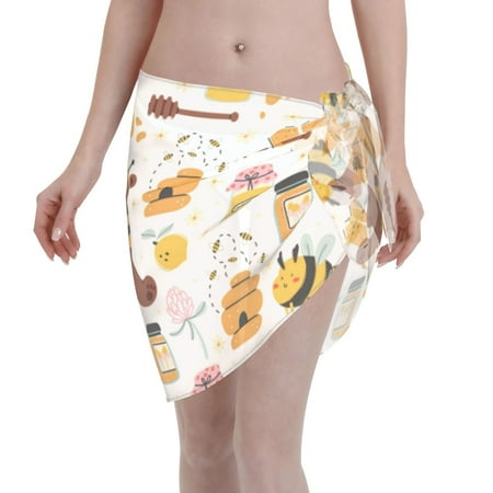 Ocsxa Cute Bee Honey Jar Hive Bear Print Sarong Coverups For Women Bathing Suit Wrap Swimsuit Skirt Beach Bikini Cover Up Swimwear
