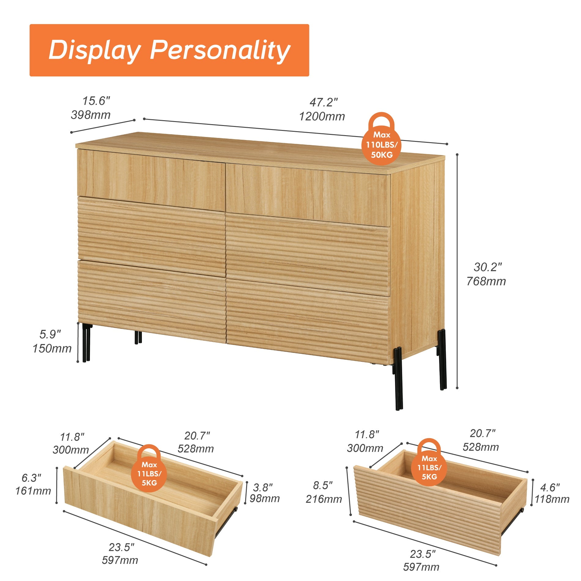 FITUEYES Wood Dresser with 6 Drawers, TV Entertainment Center with Storage for 55" TV, Wide Chest of Drawers for Bedroom, Living Room, Entryway, Oak