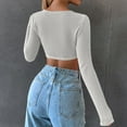 thumbnail image 5 of WREESH Womens Fashion Crop Tops Square-Neck Solid Color Knit Slim Long Sleeve Blouse Tops White, 5 of 7