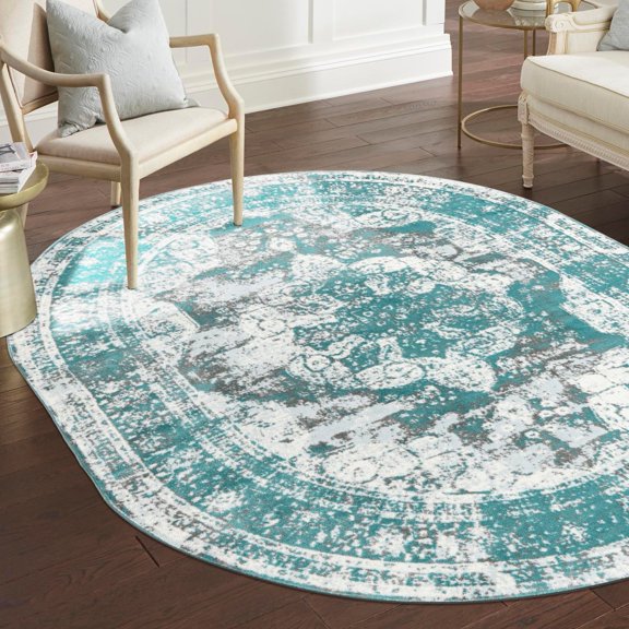 Unique Loom Sofia Collection Area Rug - Salle Garnier (7' 10" x 10' Oval Turquoise/Blue)