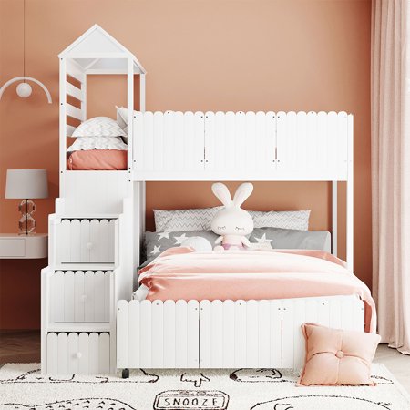 Goory Homes Gardens Stairway Full-Length Guardrail Twin Over Full Heavy Duty With 2 Shelves & 7 Drawers House Bunk Beds Frame White