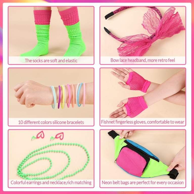 Neon Retro Fanny Pack Socks Hairband Fishnet Gloves 80s Costume Accessory sixwipe, 80s Accessories for Women, 16 Pcs, Neon Costume Set  main image 4