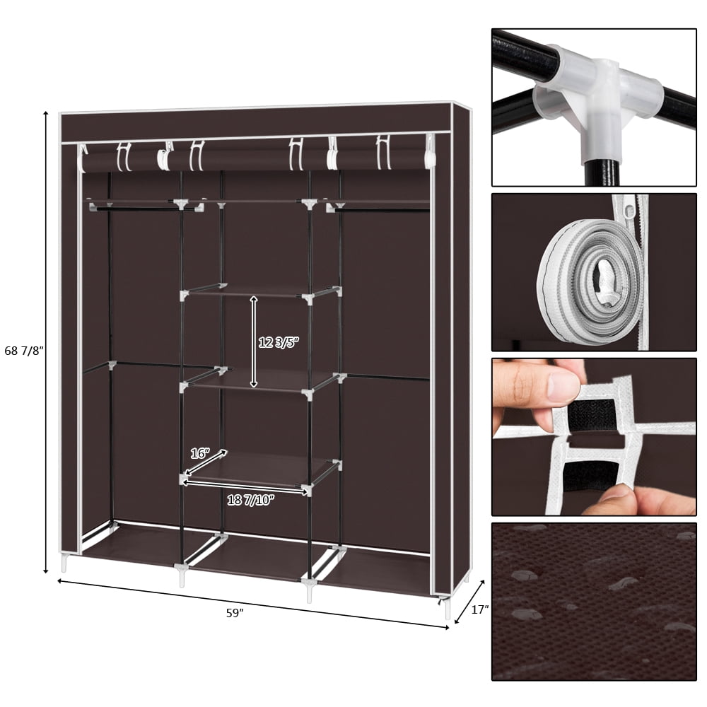 Kepooman 69" Portable Clothes Closet, Non-Woven Fabric Double Rod Wardrobe, Dark Brown Kepooman 69" Portable Clothes Closet, Non-Woven Fabric Double Rod Wardrobe, Dark Brown