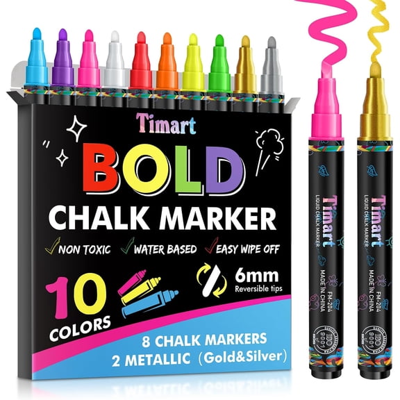 10 Pack Liquid Chalk Markers, 6mm Reversible Tips | Dry & Wet Erase Chalkboard Markers, Washable Window Paint Markers for Car, Non-toxic Chalk Pens for Blackboard Mirrors