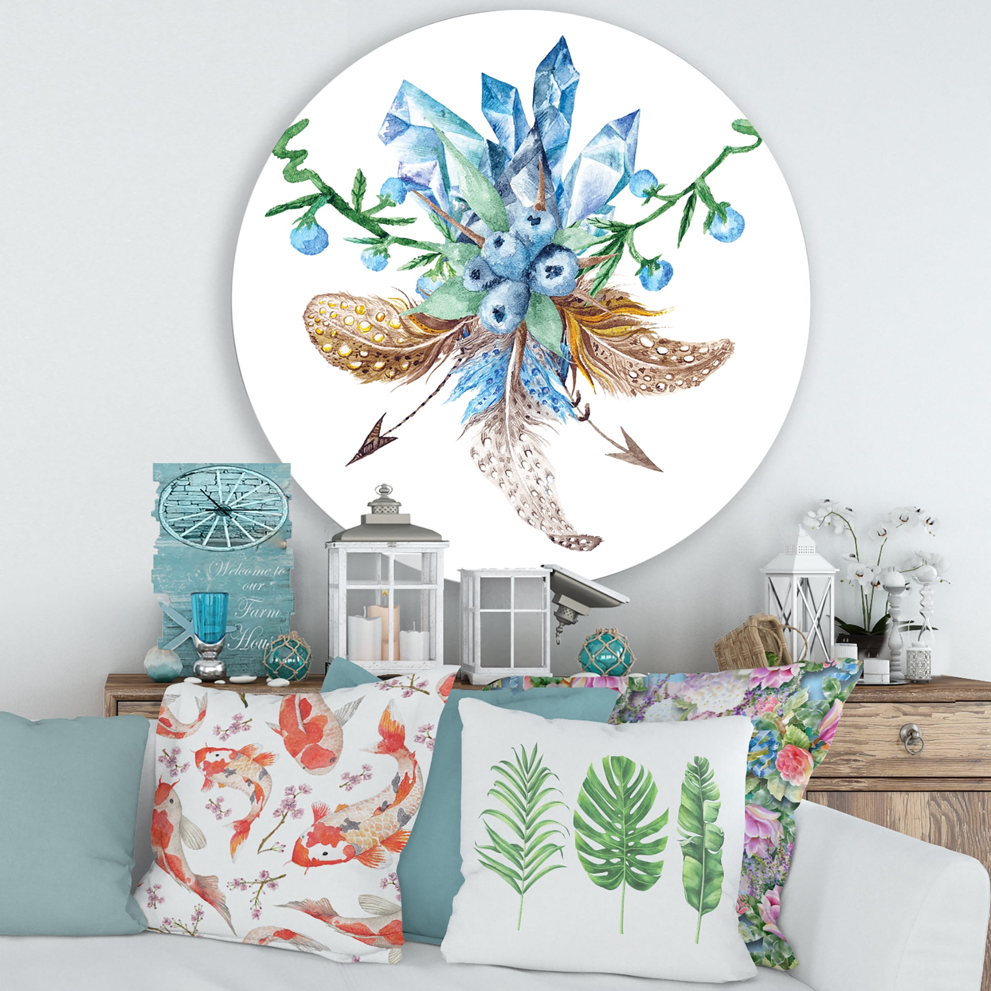 Designart 'Fresh Tribal Vignette Wild Forest Wreath Design On White I' Traditional Circle Metal Wall Art 29x29 - Disc of 29