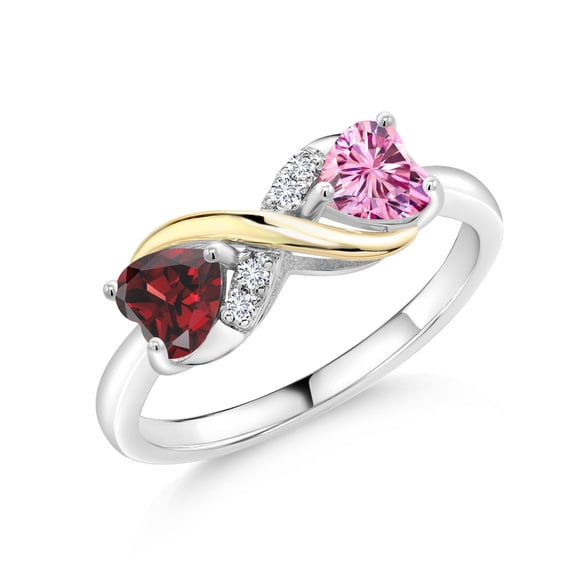 Gem Stone King 925 Silver and 10K Yellow Gold Ring Heart Shape Red Garnet and Vivid Pink Moissanite (1.14 Cttw, Size 7)