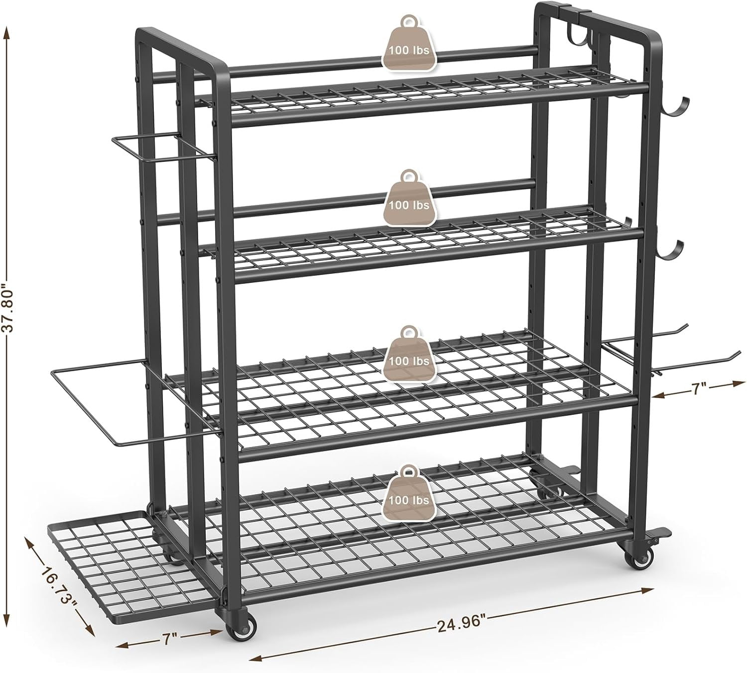 4-Tier Dumbbell Rack Stand Only, Adjustable Weight Rack for Dumbbells Kettlebells Yoga Mat,  Gym Storage Rack with Wheels and Hooks,  Coated Finish