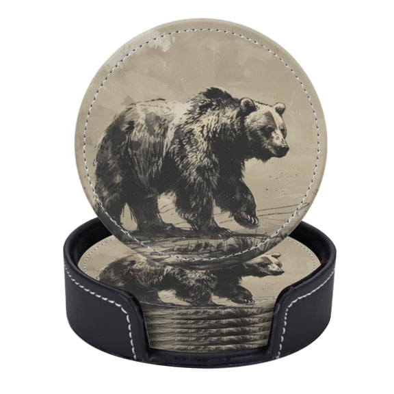 PU Leather Coasters for Drinks Bar Beer,Set of 6 with Holder,Round Housewarming Gift,Grizzly Bear Walking In The Wild