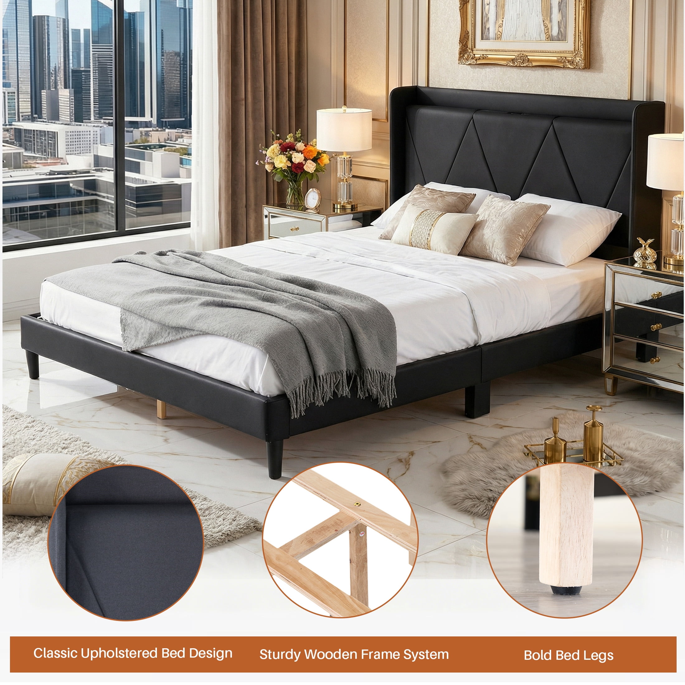 edx Full Bed Frame with Charging Station & Wingback Upholstered Headboard, Platform Bed with Storage & Solid Wood Support, No Box Spring, Black
