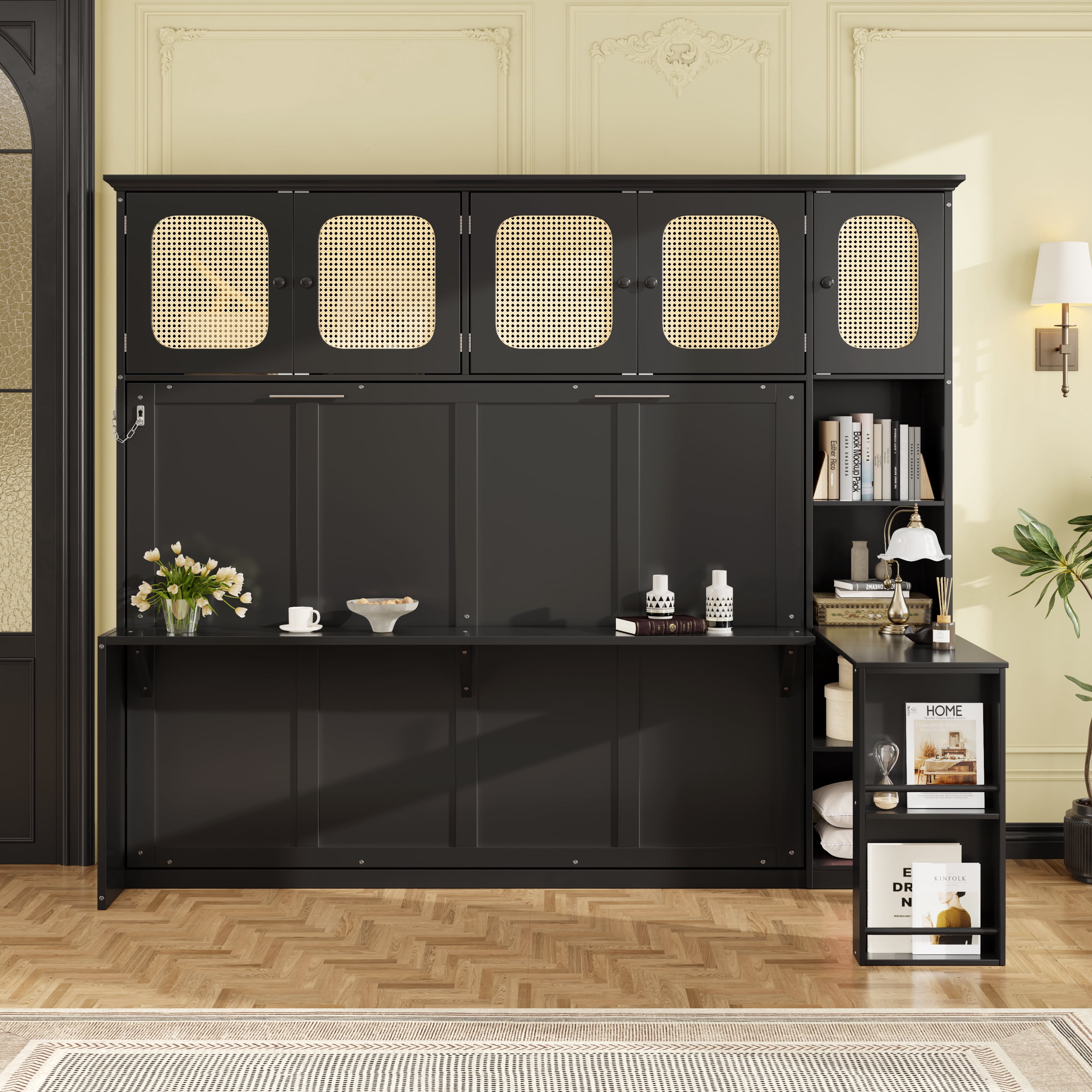 Full Size Murphy Bed with Writing Desk and Rattan Cabinets and Open Shelves for Small Space, Guest Room