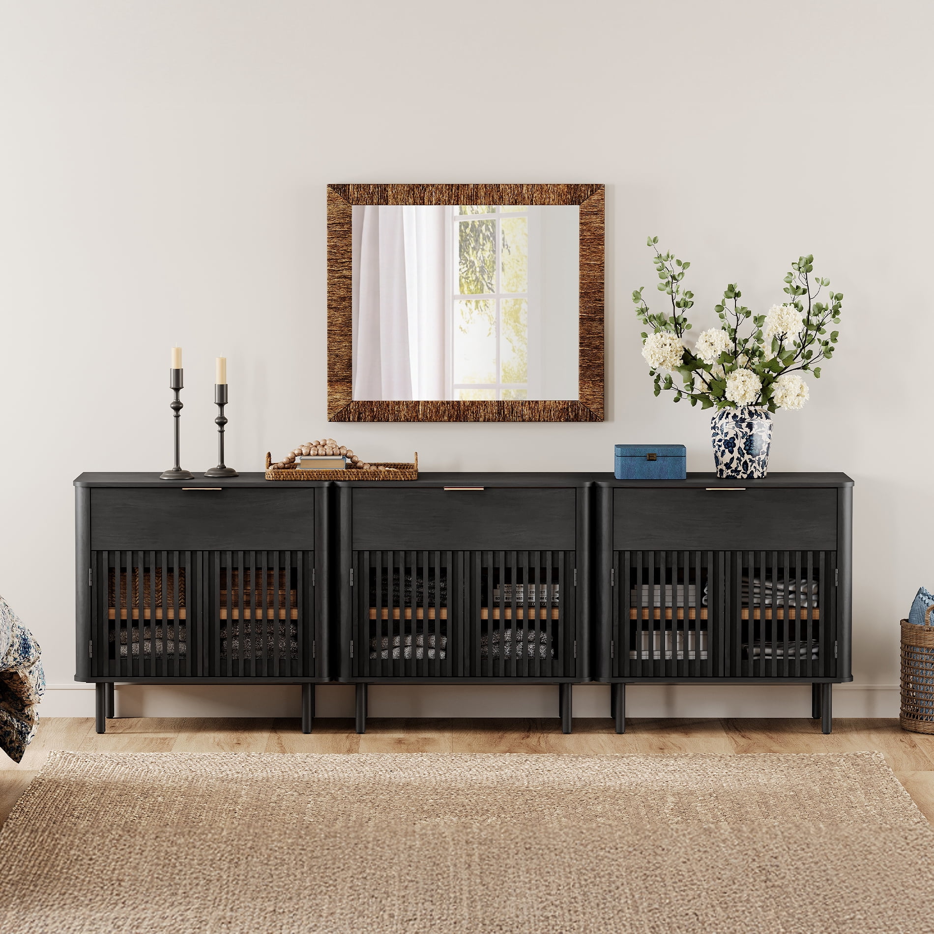 94.5" Sideboard Buffet Cabinet with Storage - Fluted Kitchen Credenza Cabinet with Pop-up Doors and Drawer, Black