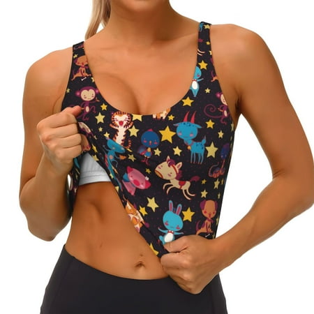 Qokaie Cute Animals Pattern Womens Scoop Neck Sports Bra Breathable Workout Vest Padded U Back Medium Impact Fitness Gym Yoga Bra Workout Crop Top