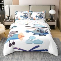 Erosebridal Cute Airplane Queen 100% Cotton Duvet Cover,Funny Flying Aircraft Comforter Cover,Kawaii Dog Pilot Bedding,Blue Helicopter Quilt Cover,Cartoon Pet Aviation Theme Bed Set