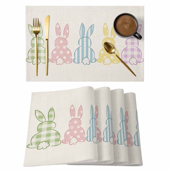 Easter Bunny Placemats Set of 8 Farmhouse Rabbit Butt Polka Dot Spring Place Mats Indoor Wipeable Table Mats Washable Cloth Dining Table Placemats for Kitchen Holiday Party Home Decor 13x19 Inch