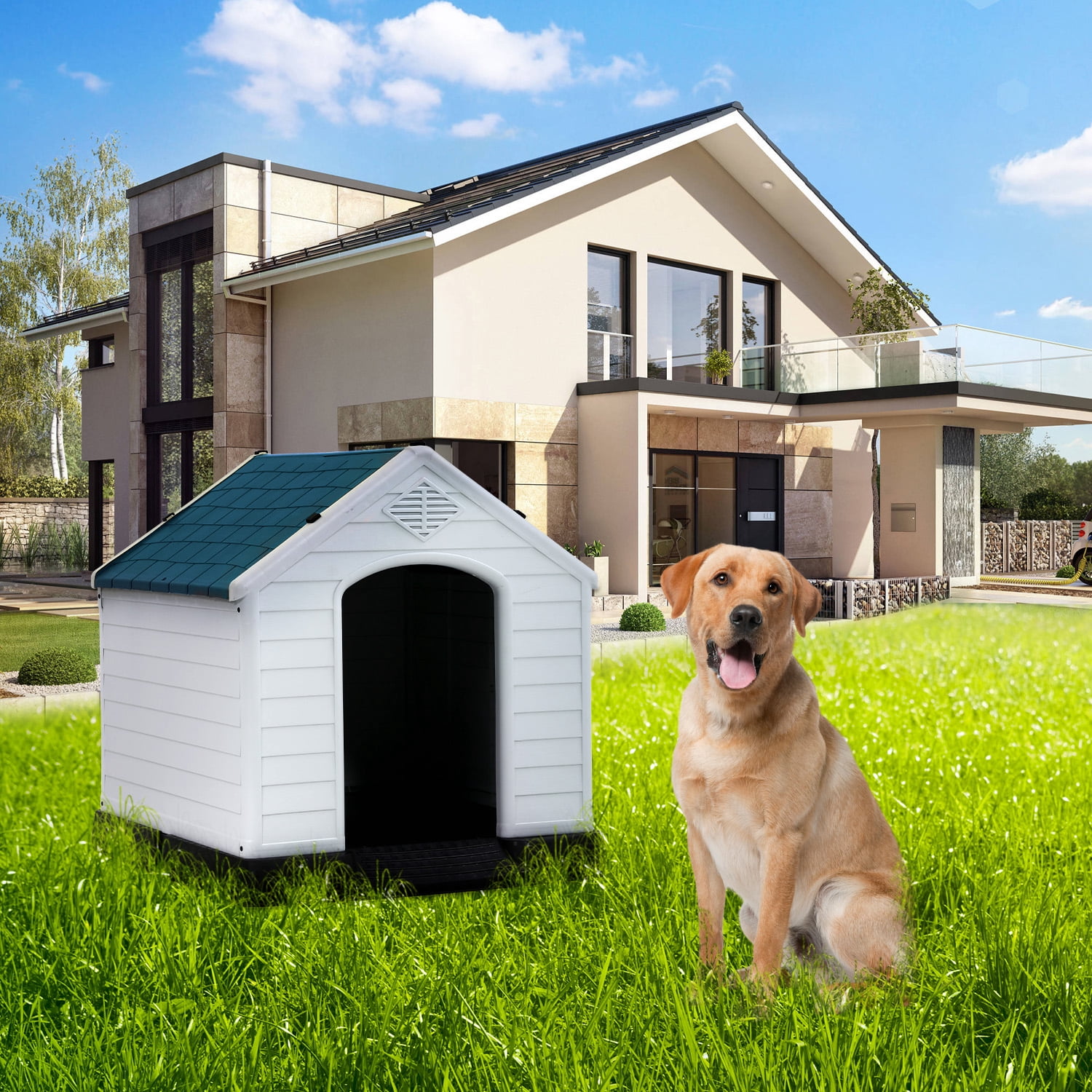 CL.HPAHKL Durable Plastic Dog House Outdoor Indoor, Waterproof Pet House for Small Medium Dogs, Insulated Puppy Shelter Doghouse with Elevated Floor and Air Vents(Blue, 34 inch)
